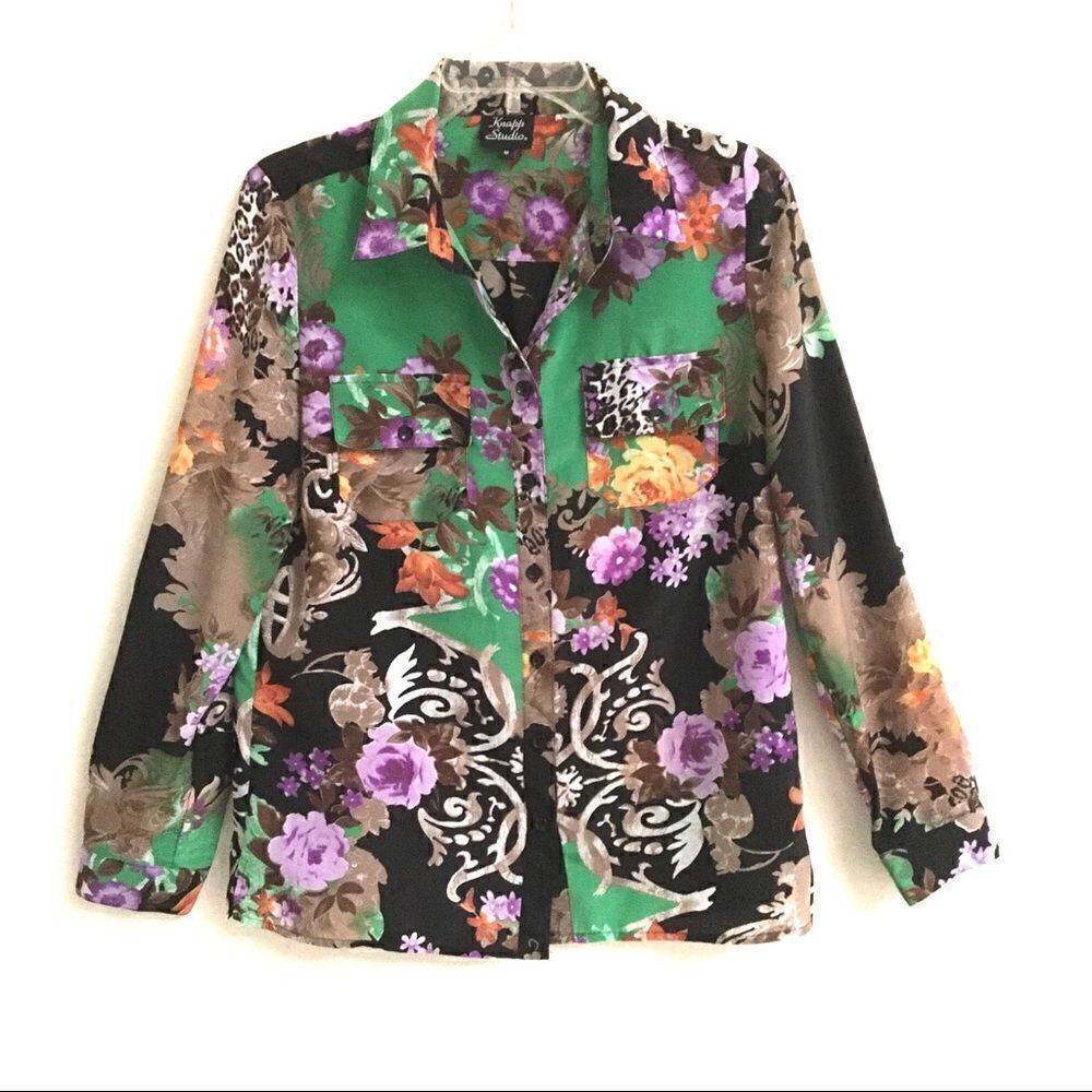 ‎Knapp Studio floral button up roll tab blouse M